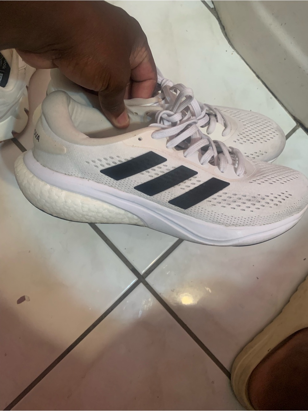 adidas Women’s Light Pink Running Shoes with Black Stripes